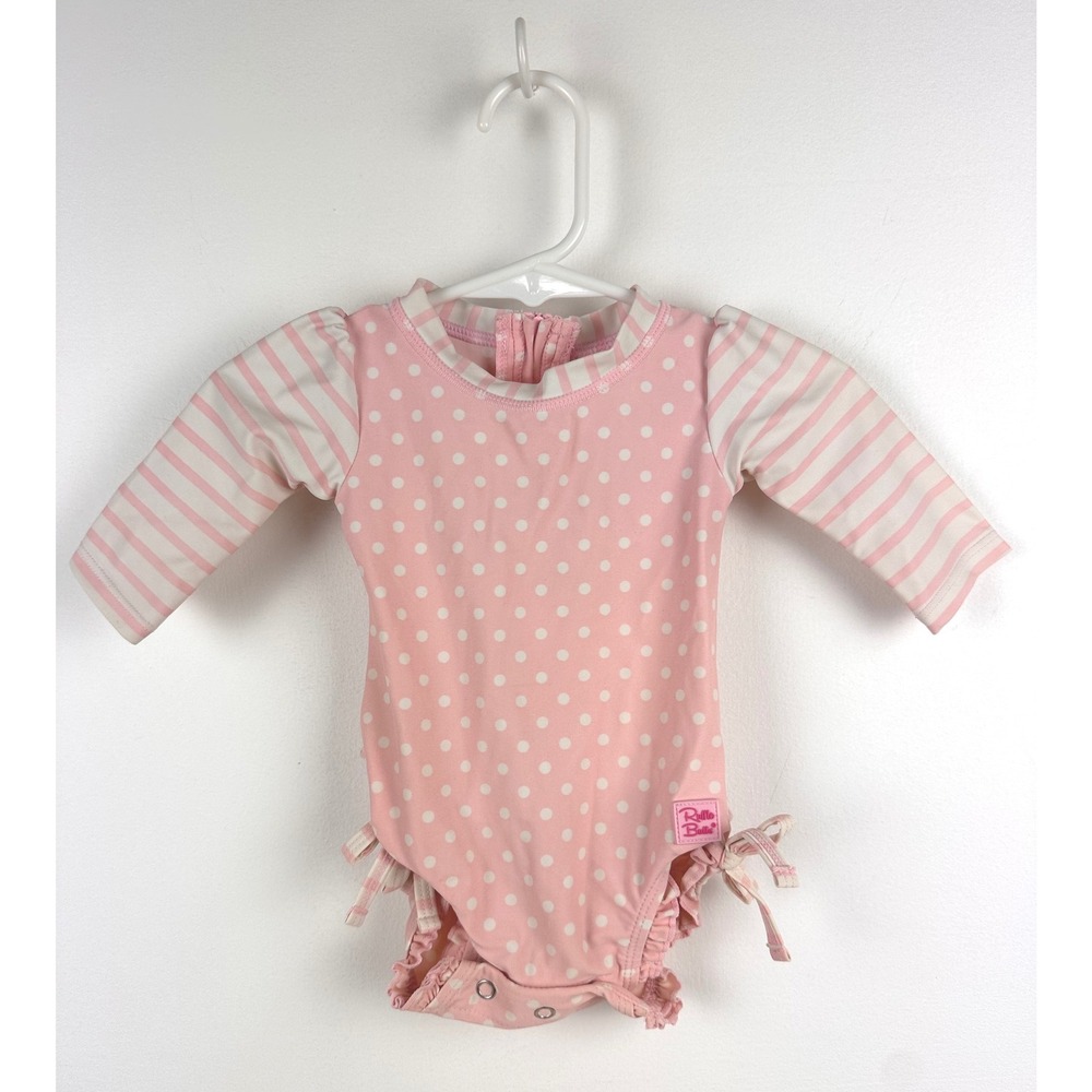 Ruffle Butts Baby Girl Pink‎ Polka Dot Stripe Swimsuit Onesie 0-3M Cute